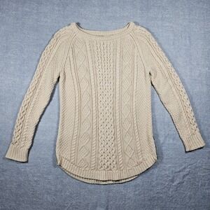 LL Bean Signature Womens Beige Cotton Cable Knit Side Zip Sweater Medium 297470